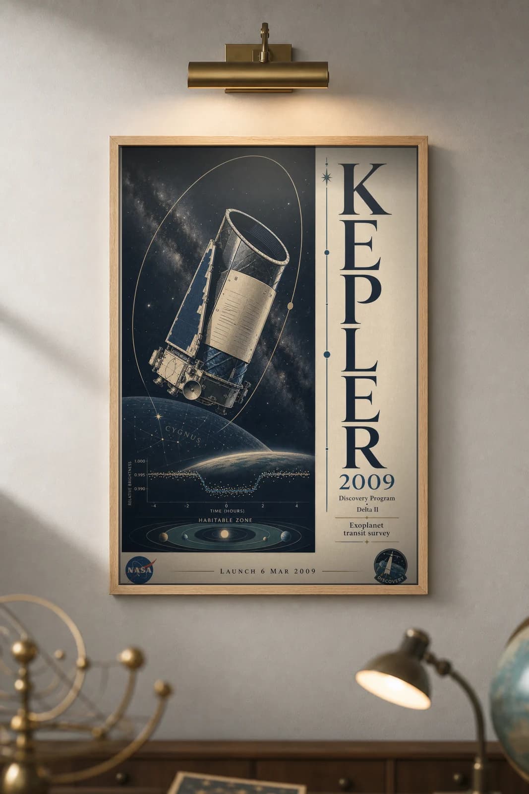 Kepler — NASA Heritage Collector poster in black A2 frame on navy-kepler-type deep space navy wall — NASA Heritage collector study mockup