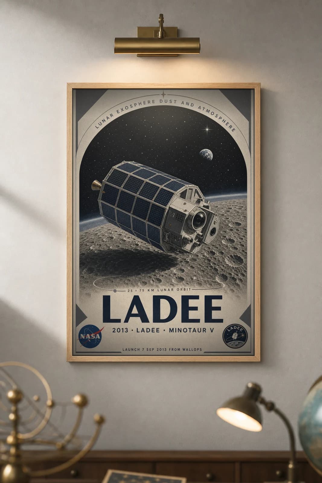 LADEE poster in black A2 frame on dark-navy-ladee-title deep space navy wall — NASA Heritage collector study mockup