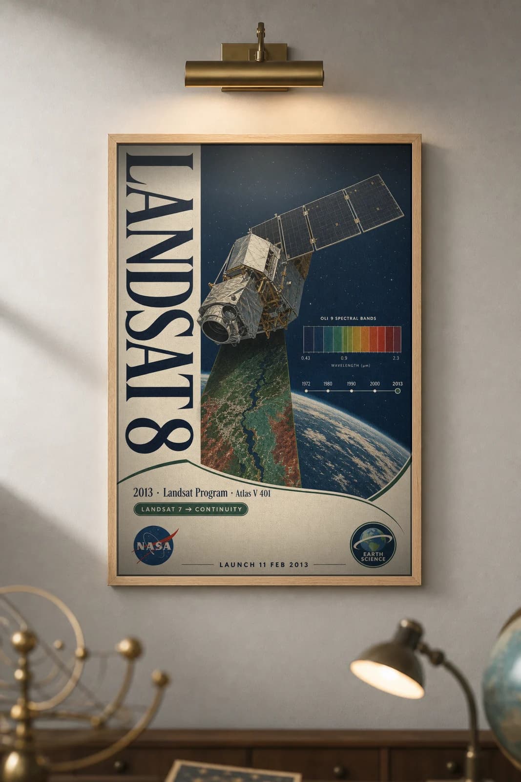 LANDSAT 8 poster in black A2 frame on navy-vertical-title deep space navy wall — NASA Heritage collector study mockup