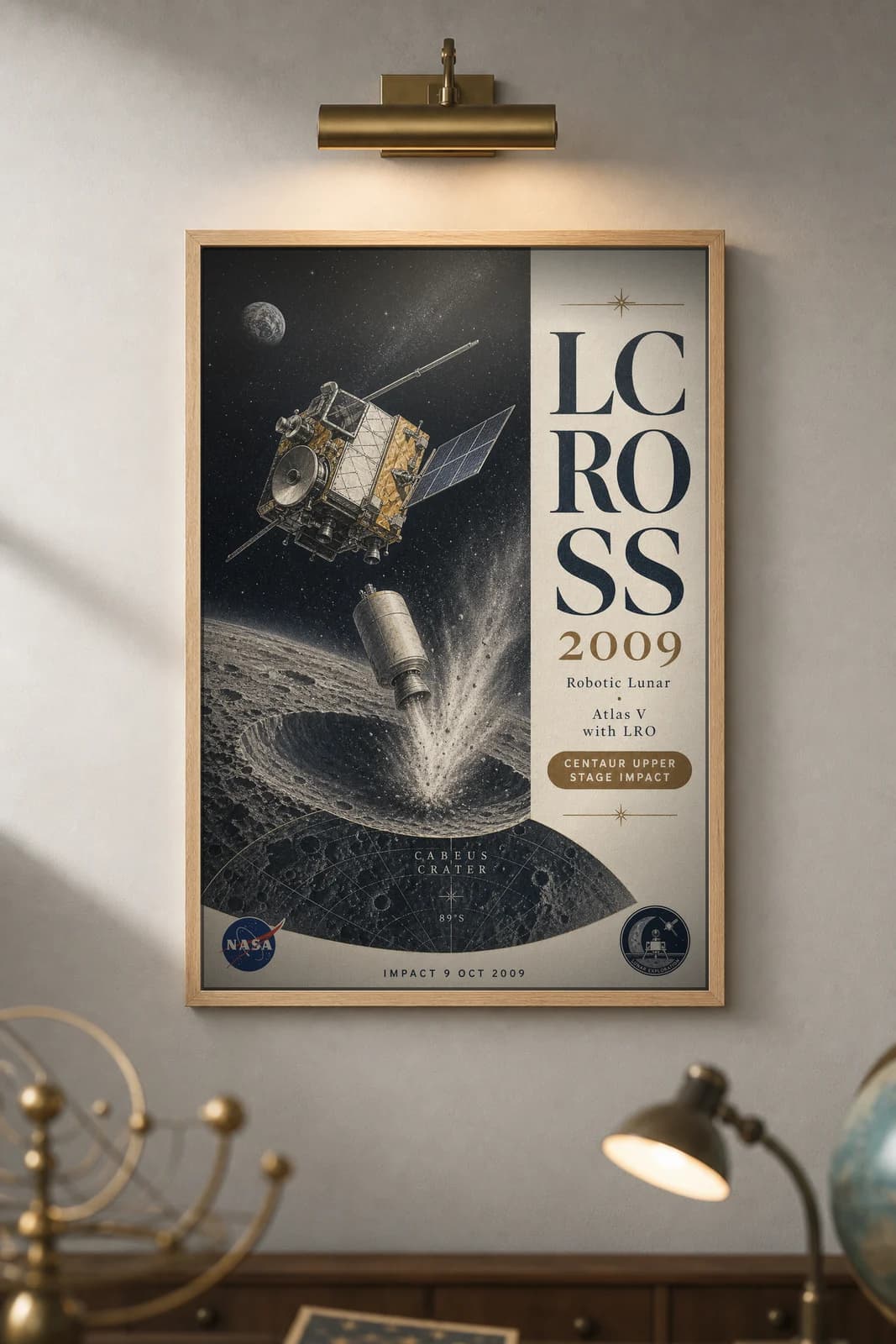 LCROSS poster in black A2 frame on deep-navy-star-field deep space navy wall — NASA Heritage collector study mockup