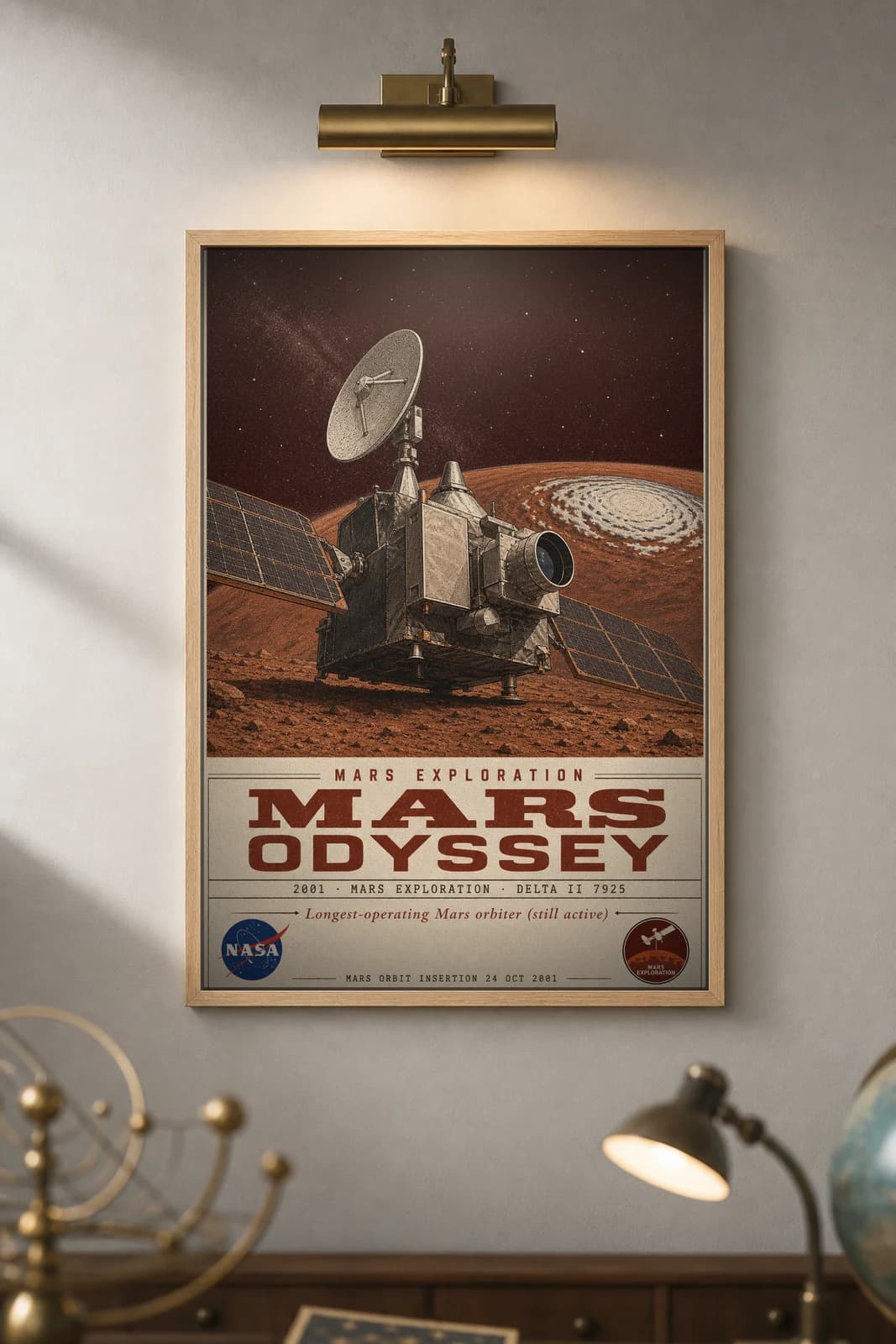 Mars Odyssey poster in black A2 frame on dark-red-display-title deep space navy wall — NASA Heritage collector study mockup