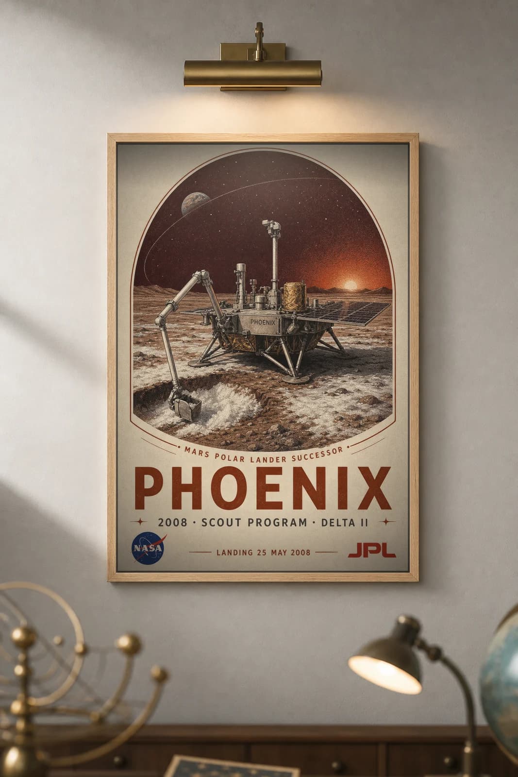 Phoenix — NASA Heritage Collector poster in black A2 frame on rust-red-phoenix-title deep space navy wall — NASA Heritage collector study mockup