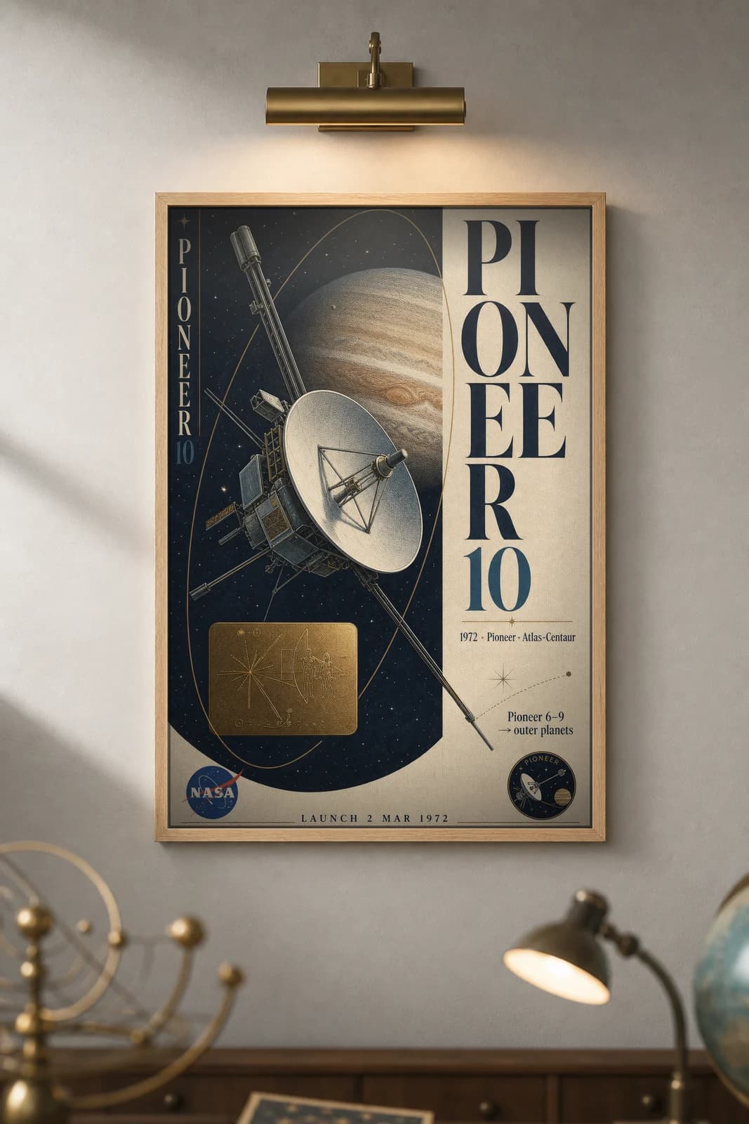 Pioneer 10 — NASA Heritage Collector poster in black A2 frame on deep-space-navy deep space navy wall — NASA Heritage collector study mockup