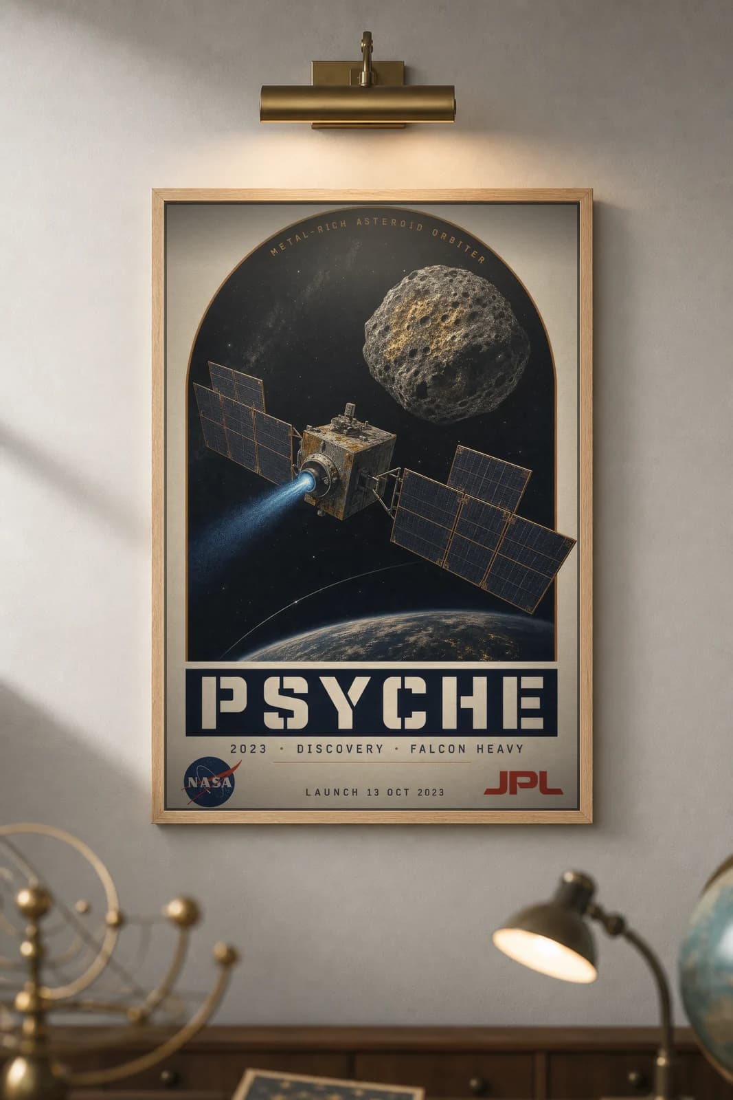 Psyche poster in black A2 frame on deep-space-navy deep space navy wall — NASA Heritage collector study mockup