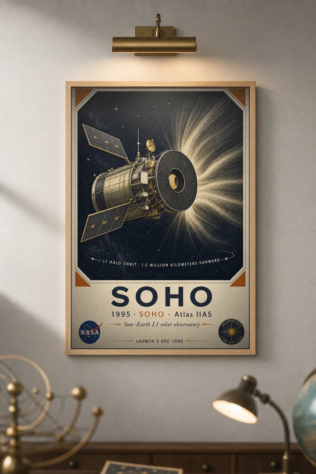 SOHO poster in black A2 frame on gold-soho-body deep space navy wall — NASA Heritage collector study mockup