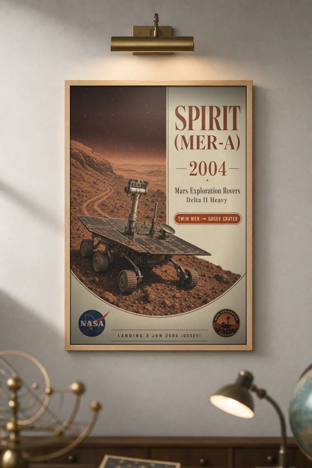 Spirit (MER-A) poster in black A2 frame on ochre-martian-sky deep space navy wall — NASA Heritage collector study mockup