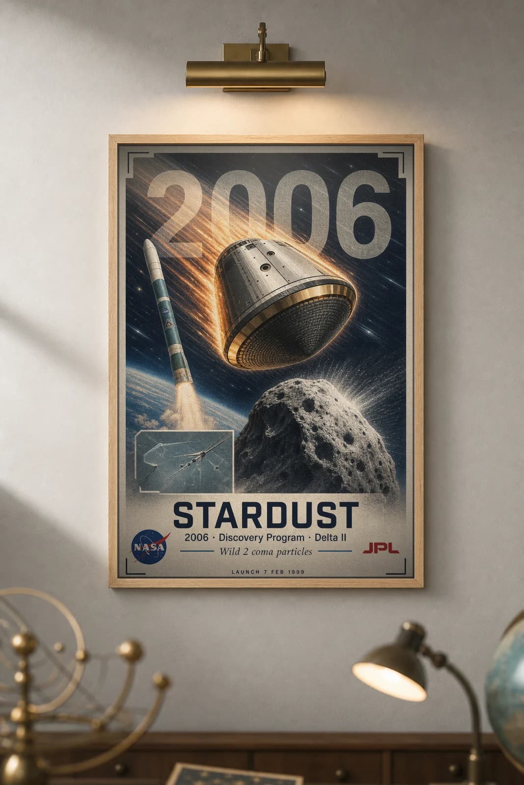 Stardust — NASA Heritage Collector poster in black A2 frame on dark-stardust-display-type deep space navy wall — NASA Heritage collector study mockup