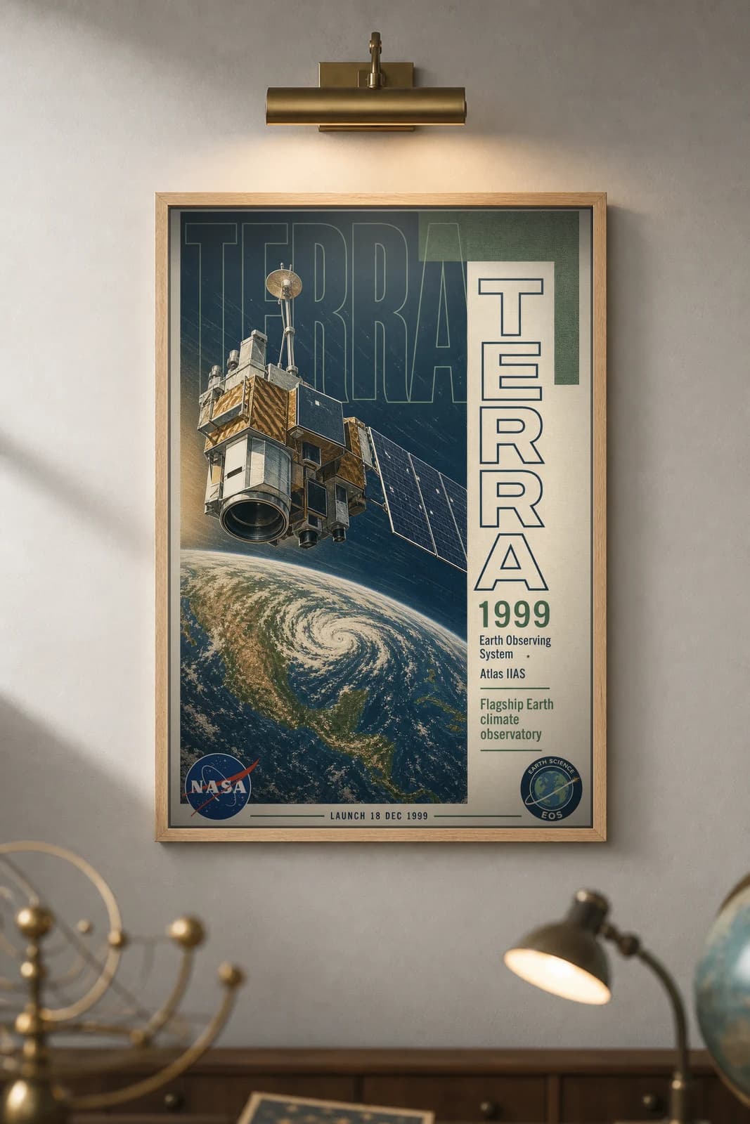 Terra poster in black A2 frame on deep-navy-space-zone deep space navy wall — NASA Heritage collector study mockup