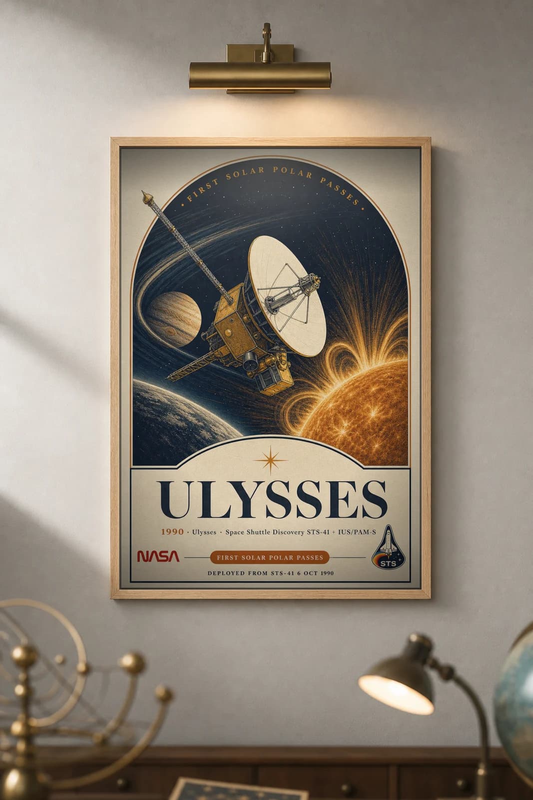 Ulysses poster in black A2 frame on gold-ulysses-body deep space navy wall — NASA Heritage collector study mockup