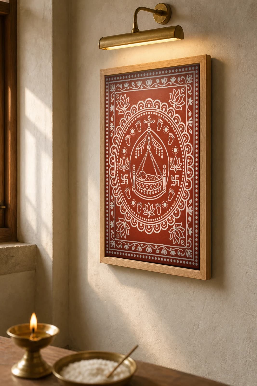 Naamkaran Chowki — the aipan drawn beneath a newborn's cradle, white biswar rice-paste line on geru terracotta · collector A2 — the framed print shown at a three-quarter angle on a styled gallery wall in a natural-oak frame