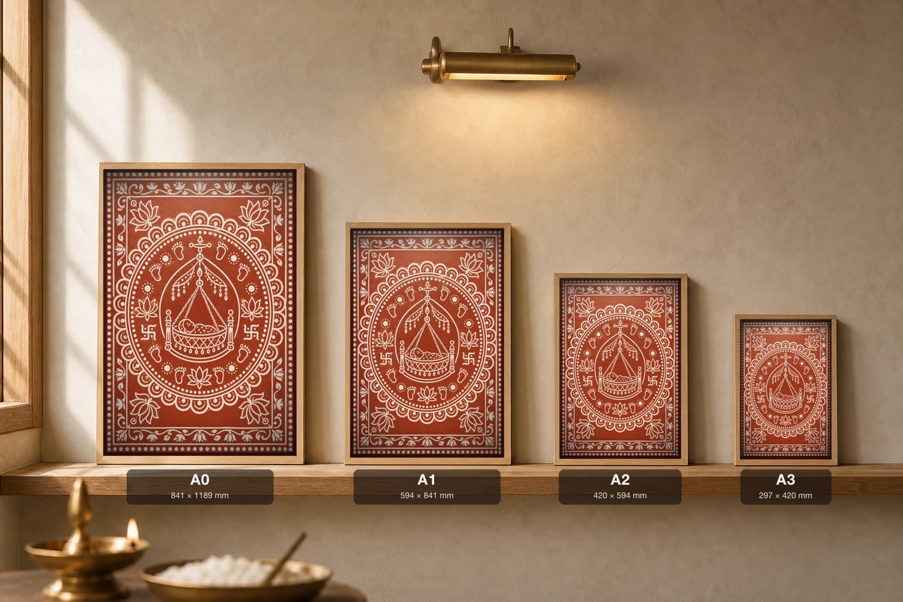 Naamkaran Chowki — the aipan drawn beneath a newborn's cradle, white biswar rice-paste line on geru terracotta · collector A2 — print size guide showing the artwork at A0, A1, A2 and A3 in natural-oak frames at true relative scale