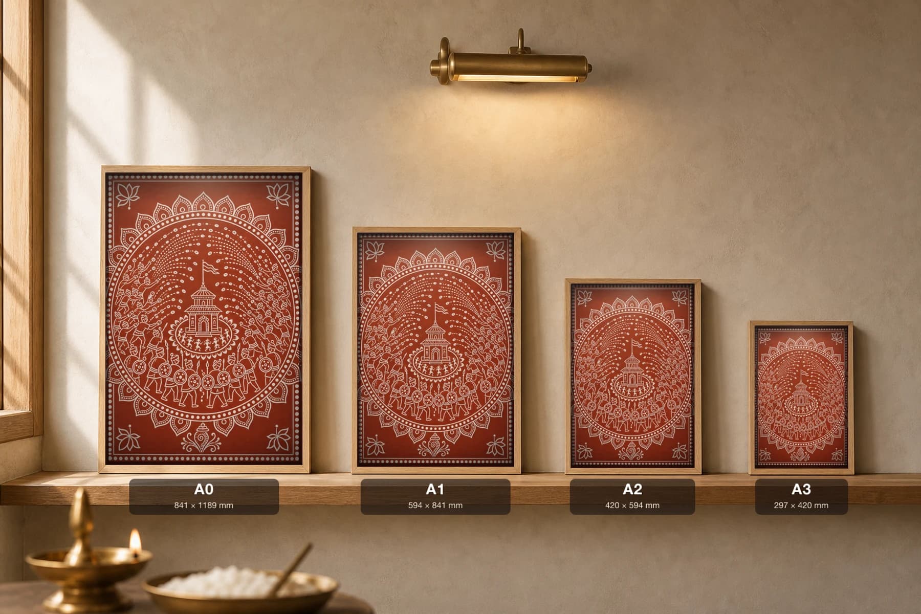 Bagwal Devidhura — the Devidhura stone-throwing fair as a radial Aipan mandala, white biswar rice-paste on geru terracotta · collector A2 — print size guide showing the artwork at A0, A1, A2 and A3 in natural-oak frames at true relative scale