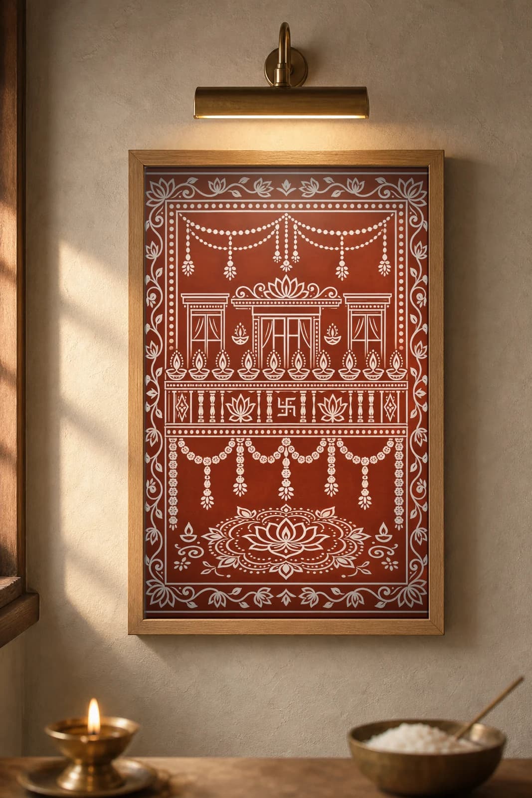 Balcony Diyas — framed museum print, Aipan