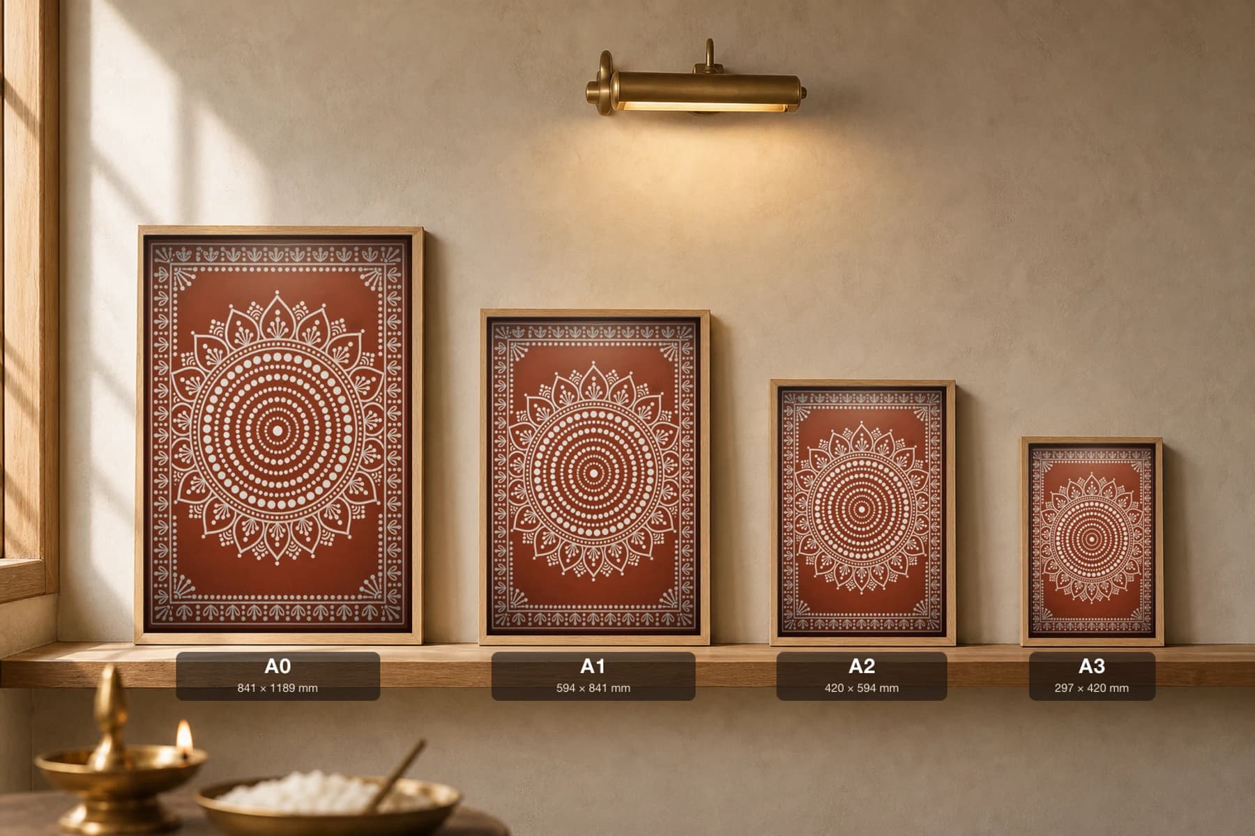 Bindu Mandala — concentric rice-paste dot-rings radiating from a single point, white biswar on geru terracotta · collector A2 — print size guide showing the artwork at A0, A1, A2 and A3 in natural-oak frames at true relative scale
