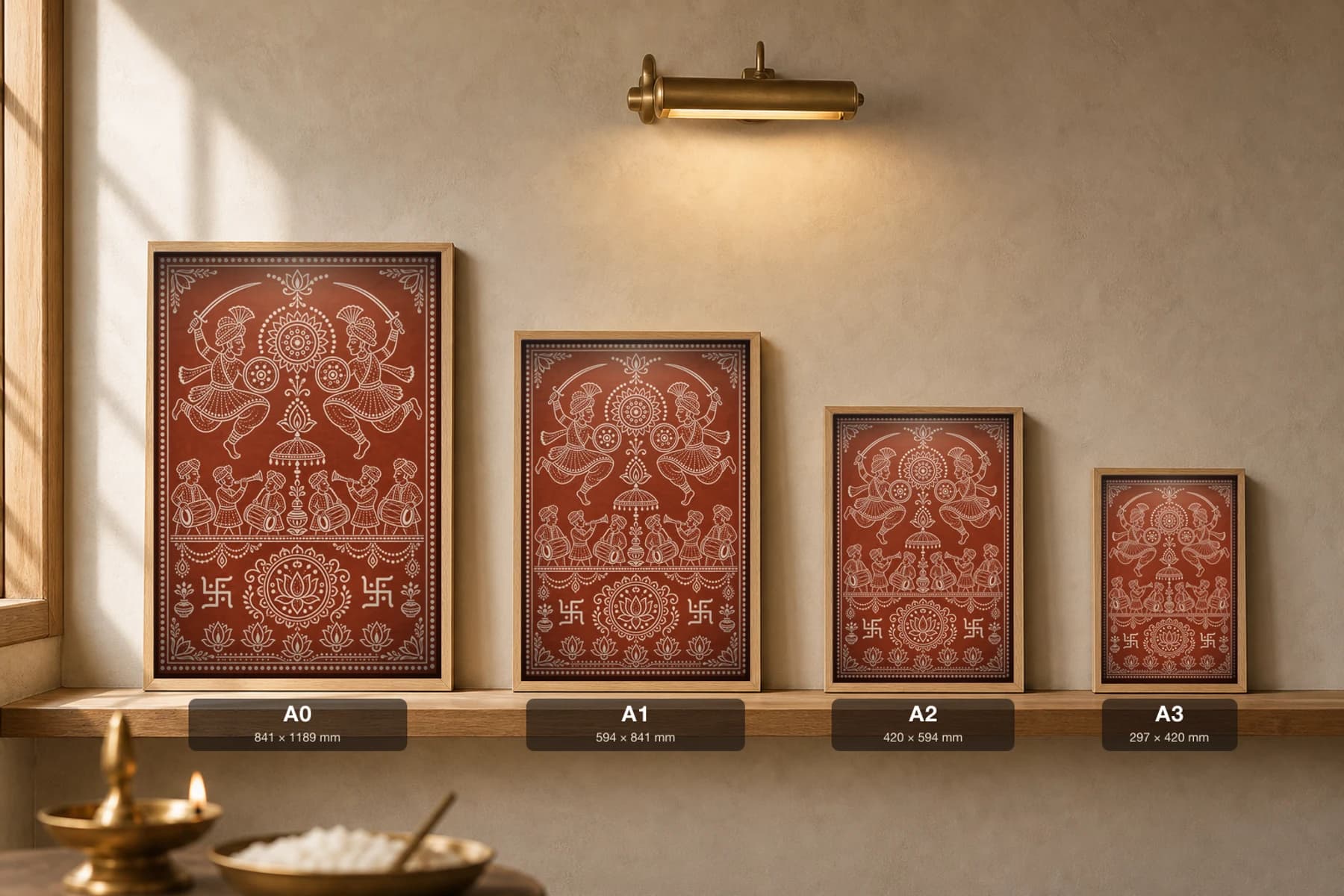 Chholiya Dance — Kumaoni sword-dancers leading a wedding procession, white biswar rice-paste on geru terracotta · collector A2 — print size guide showing the artwork at A0, A1, A2 and A3 in natural-oak frames at true relative scale