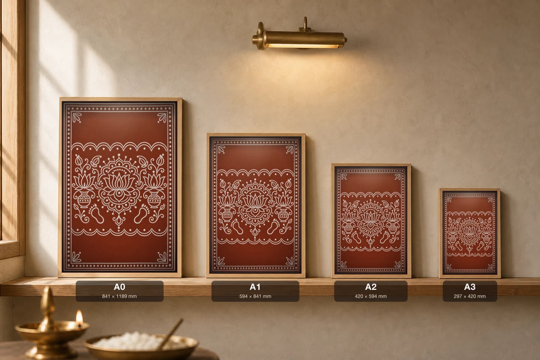Dehli Puja — a doorstep welcome band of lotuses, kalash pots and Lakshmi footprints, white biswar rice-paste on geru terracotta · collector A2 — print size guide showing the artwork at A0, A1, A2 and A3 in natural-oak frames at true relative scale