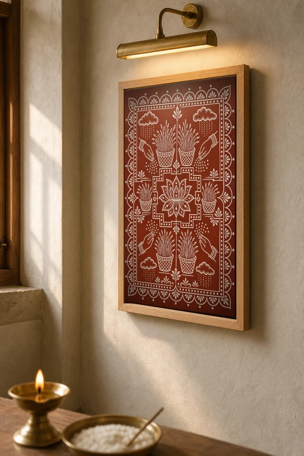 Harela Sowing — hands scattering seed into baskets of sprouts under monsoon clouds, drawn in Aipan, white biswar rice-paste on geru terracotta · collector A2 — the framed print shown at a three-quarter angle on a styled gallery wall in a natural-oak frame