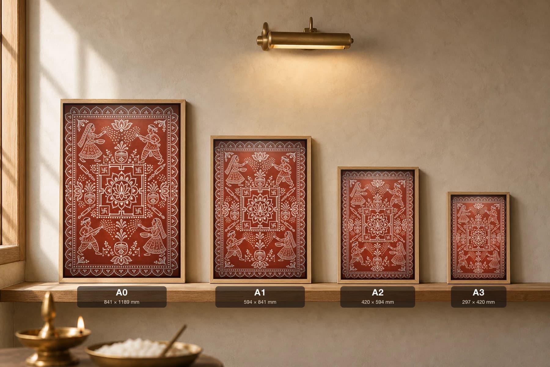Holi Aangan — a courtyard mid-play with figures throwing colour, drawn in Aipan, white biswar rice-paste on geru terracotta · collector A2 — print size guide showing the artwork at A0, A1, A2 and A3 in natural-oak frames at true relative scale