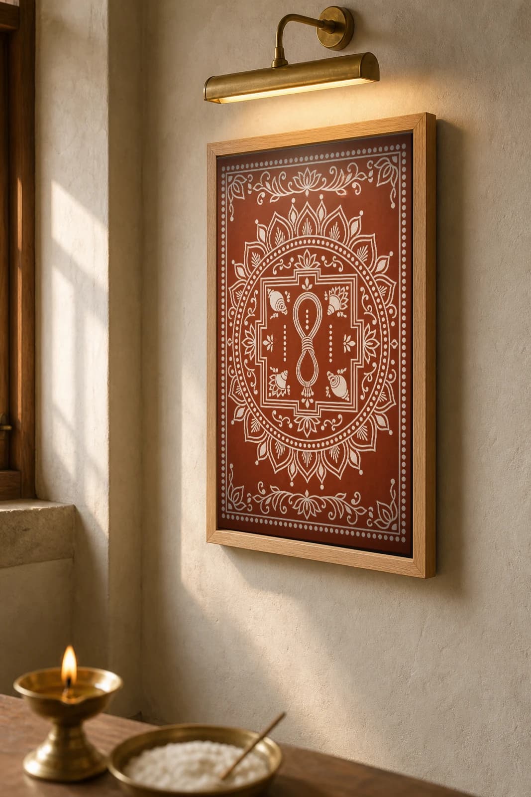 Janeu Chowki Aipan-Style Print — The Sacred-Thread Rite Seat with a Looped Thread and Corner Conches · two-tone white biswar on geru terracotta · classical Kumaoni Aipan — the framed print shown at a three-quarter angle on a styled gallery wall in a natural-oak frame