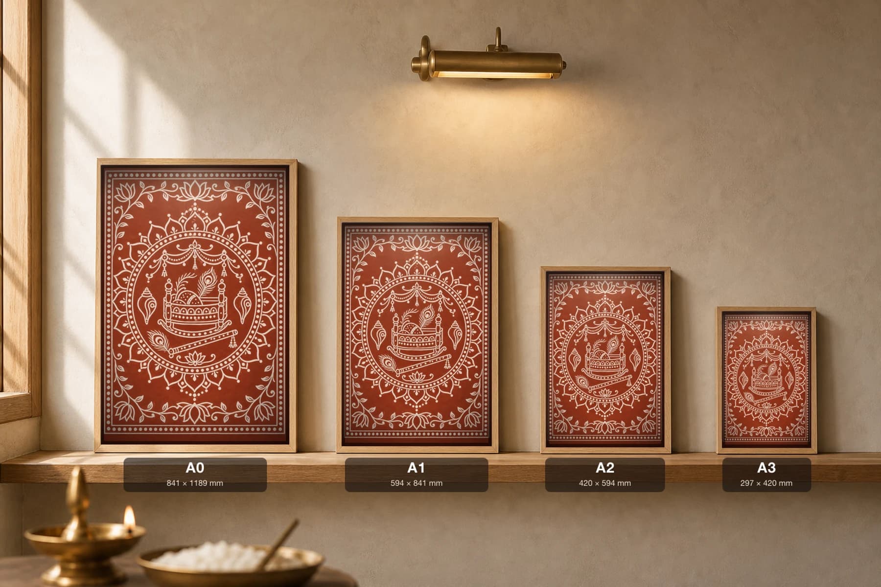 Janmashtami Chowki Aipan-Style Print — Krishna's Cradle with Peacock Feathers, Flute and Conches · two-tone white biswar on geru terracotta · classical Kumaoni Aipan — print size guide showing the artwork at A0, A1, A2 and A3 in natural-oak frames at true relative scale
