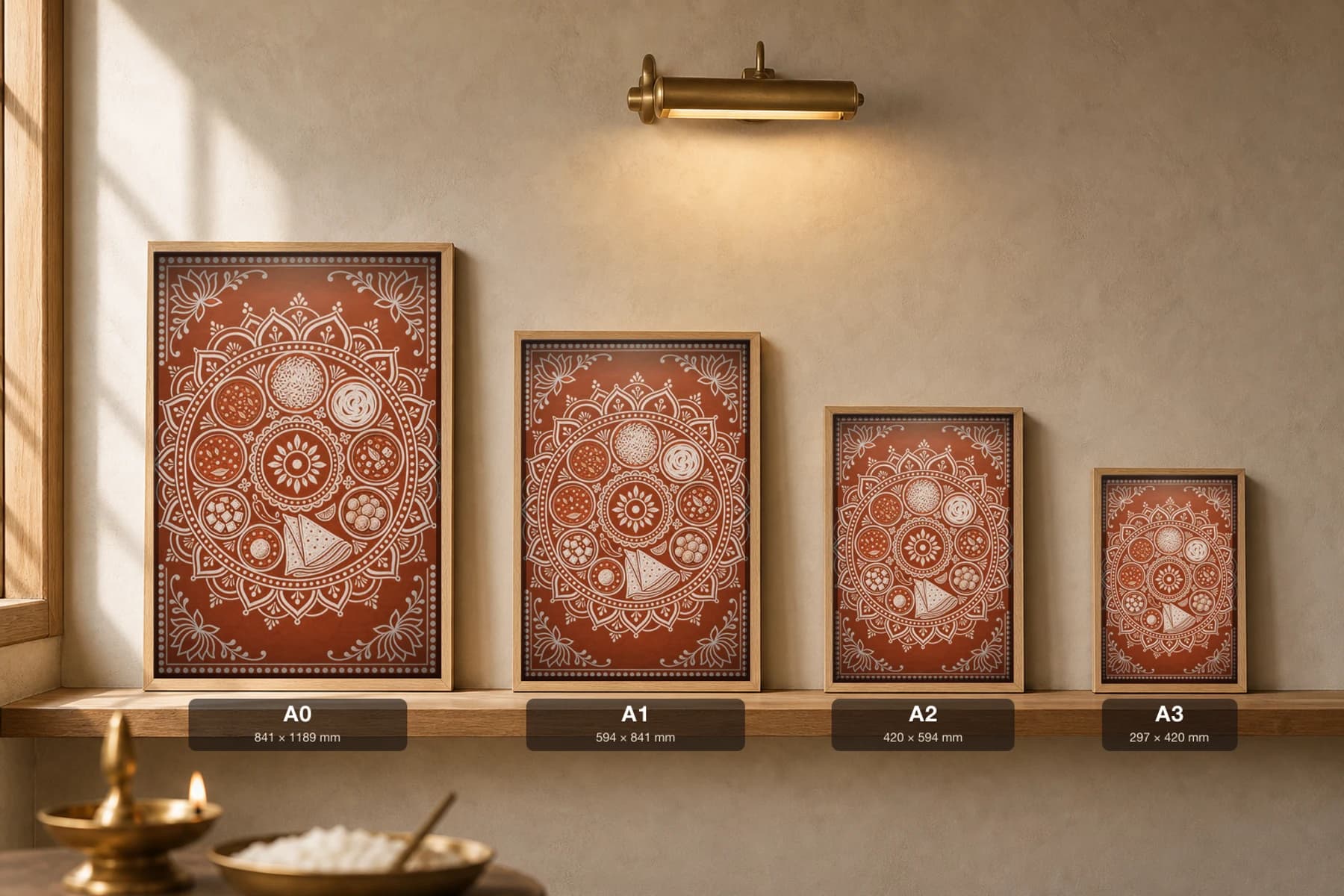 Tyohar Thali Aipan-Style Print — A Festive Kumaoni Feast Plate Seen From Above · two-tone white biswar on geru terracotta · contemporary Kumaoni Aipan fusion — print size guide showing the artwork at A0, A1, A2 and A3 in natural-oak frames at true relative scale