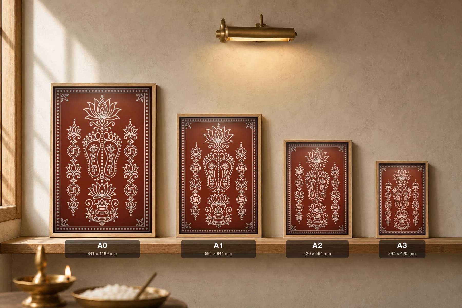 Lakshmi Charan Aipan-Style Print — Goddess Footprints Walking Inward at the Threshold · two-tone white biswar on geru terracotta · classical Kumaoni Aipan — print size guide showing the artwork at A0, A1, A2 and A3 in natural-oak frames at true relative scale