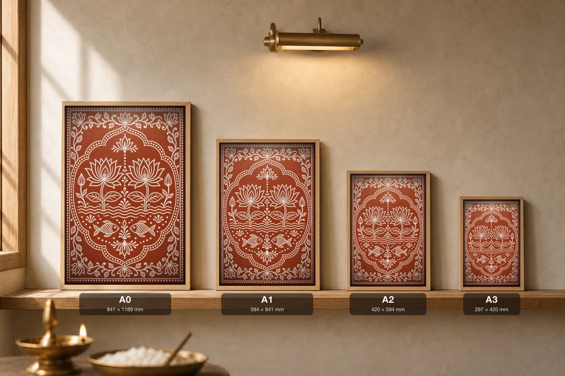 Kamal Talab Aipan-Style Print — Twin Lotuses Rising from a Fish Pond inside a Cusped Arch · two-tone white biswar on geru terracotta · classical Kumaoni Aipan — print size guide showing the artwork at A0, A1, A2 and A3 in natural-oak frames at true relative scale
