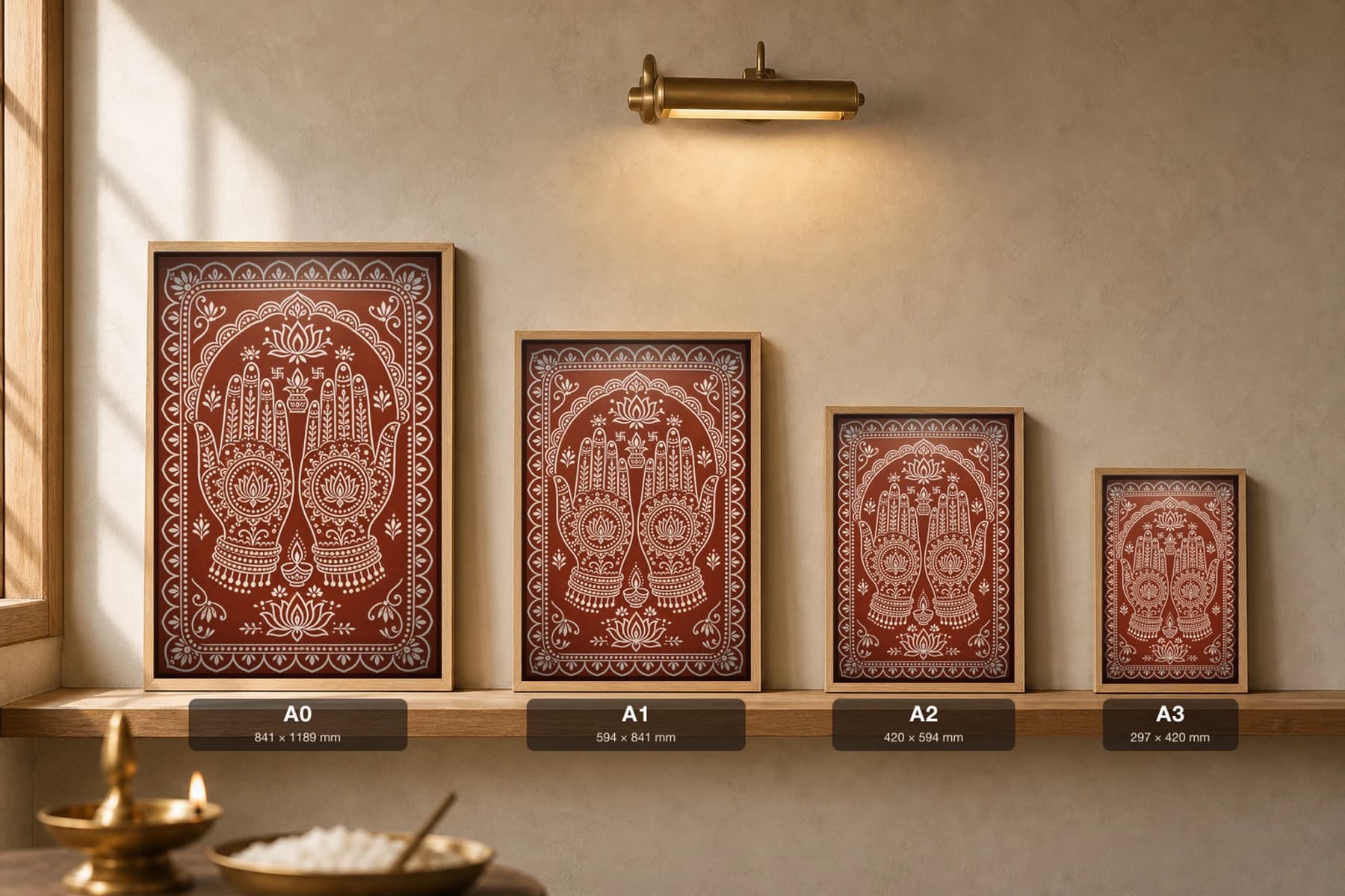 Mehndi Hands Aipan-Style Print — Bridal Henna Palms in Two-Tone Aipan Line · white biswar on geru terracotta · contemporary × Kumaoni Aipan fusion — print size guide showing the artwork at A0, A1, A2 and A3 in natural-oak frames at true relative scale