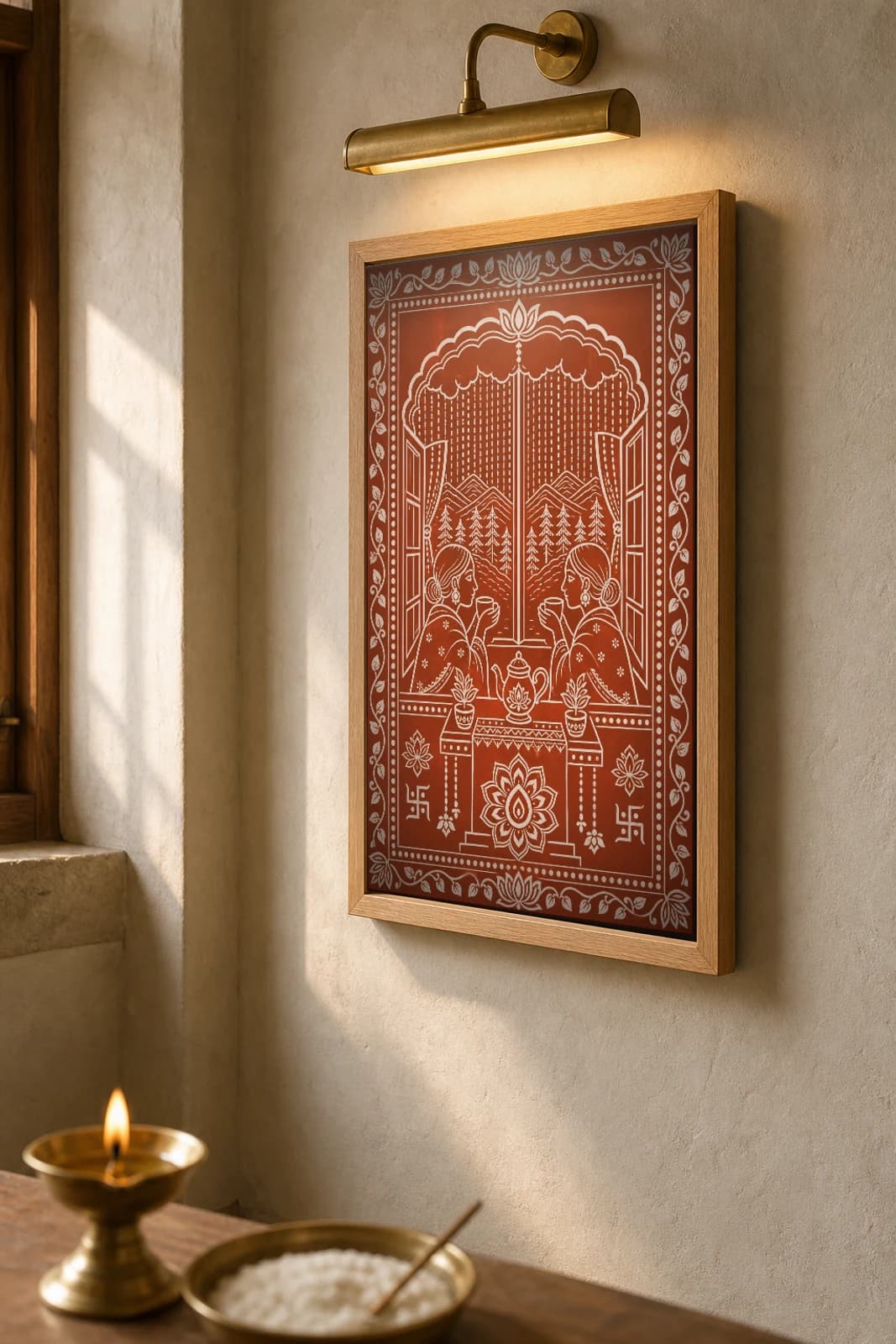 Barsaat Chai Aipan-Style Print — Monsoon Tea at a Pahari Window in Two-Tone Aipan Line · white biswar on geru terracotta · contemporary × Kumaoni Aipan fusion — the framed print shown at a three-quarter angle on a styled gallery wall in a natural-oak frame