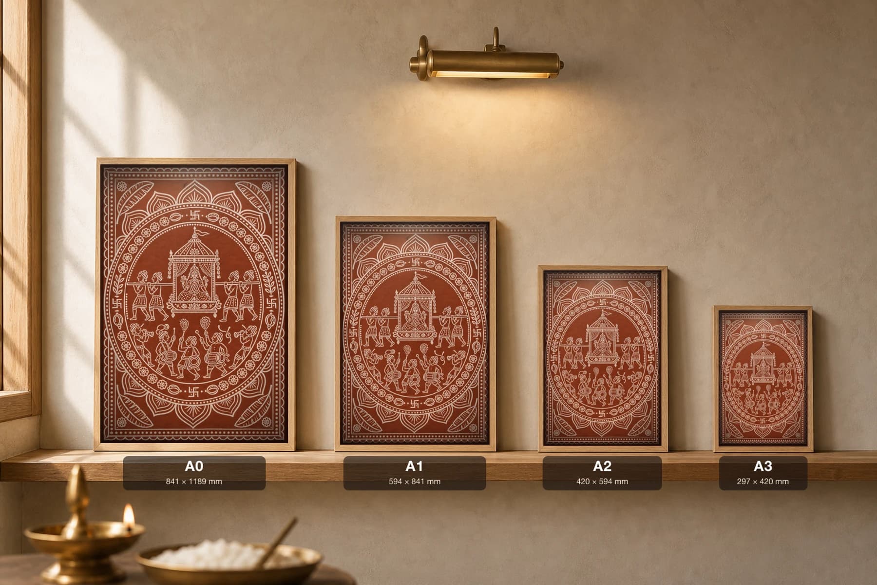 Nanda Devi Mela Aipan-Style Print — The Goddess in Her Palanquin with Drummers and Dancers · white biswar on geru terracotta · contemporary × Kumaoni Aipan fusion — print size guide showing the artwork at A0, A1, A2 and A3 in natural-oak frames at true relative scale