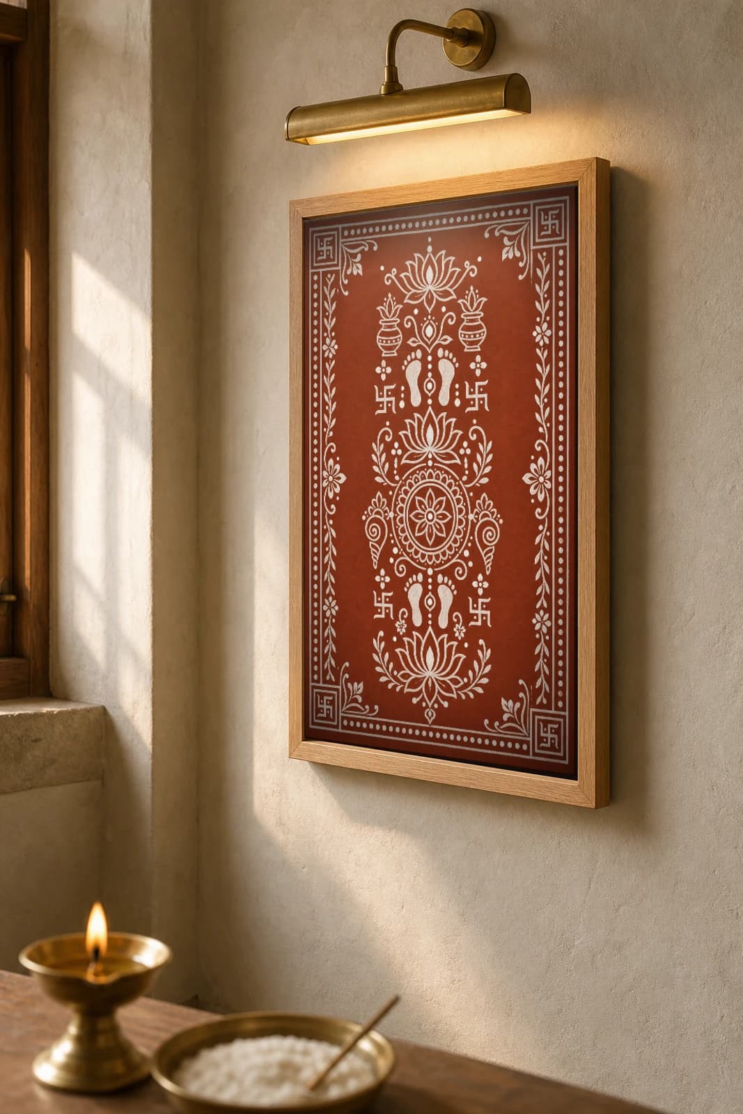 Nata Aipan-Style Print — A Threshold Runner of Footprints, Kalash, and Lotus Chowki · two-tone white biswar on geru terracotta · classical Kumaoni Aipan — the framed print shown at a three-quarter angle on a styled gallery wall in a natural-oak frame