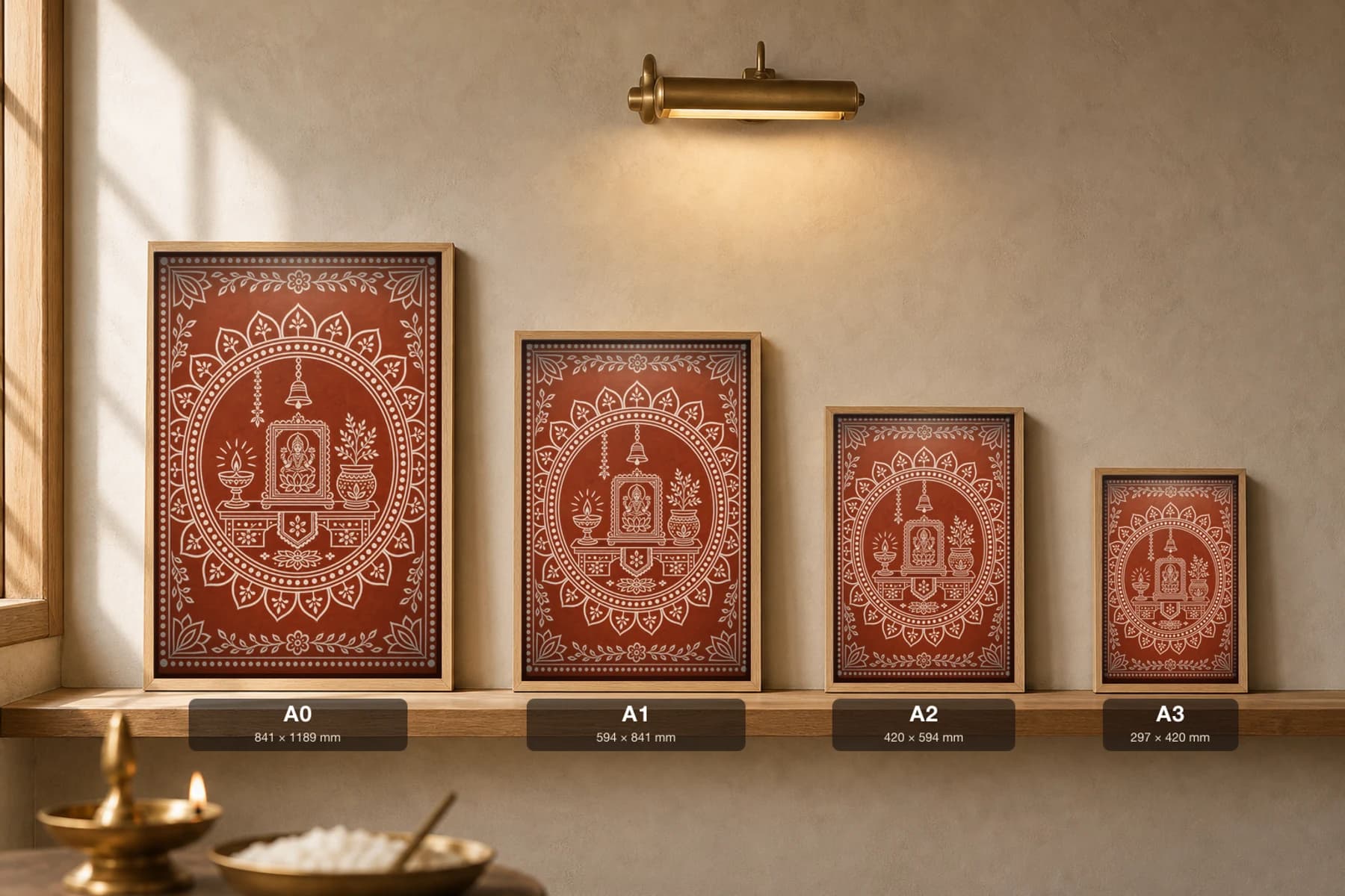 Mandir Corner Aipan-Style Print — A Home Puja Shelf with Deity, Bell, Diya, and Tulsi · white biswar on geru terracotta · contemporary × Kumaoni Aipan fusion — print size guide showing the artwork at A0, A1, A2 and A3 in natural-oak frames at true relative scale