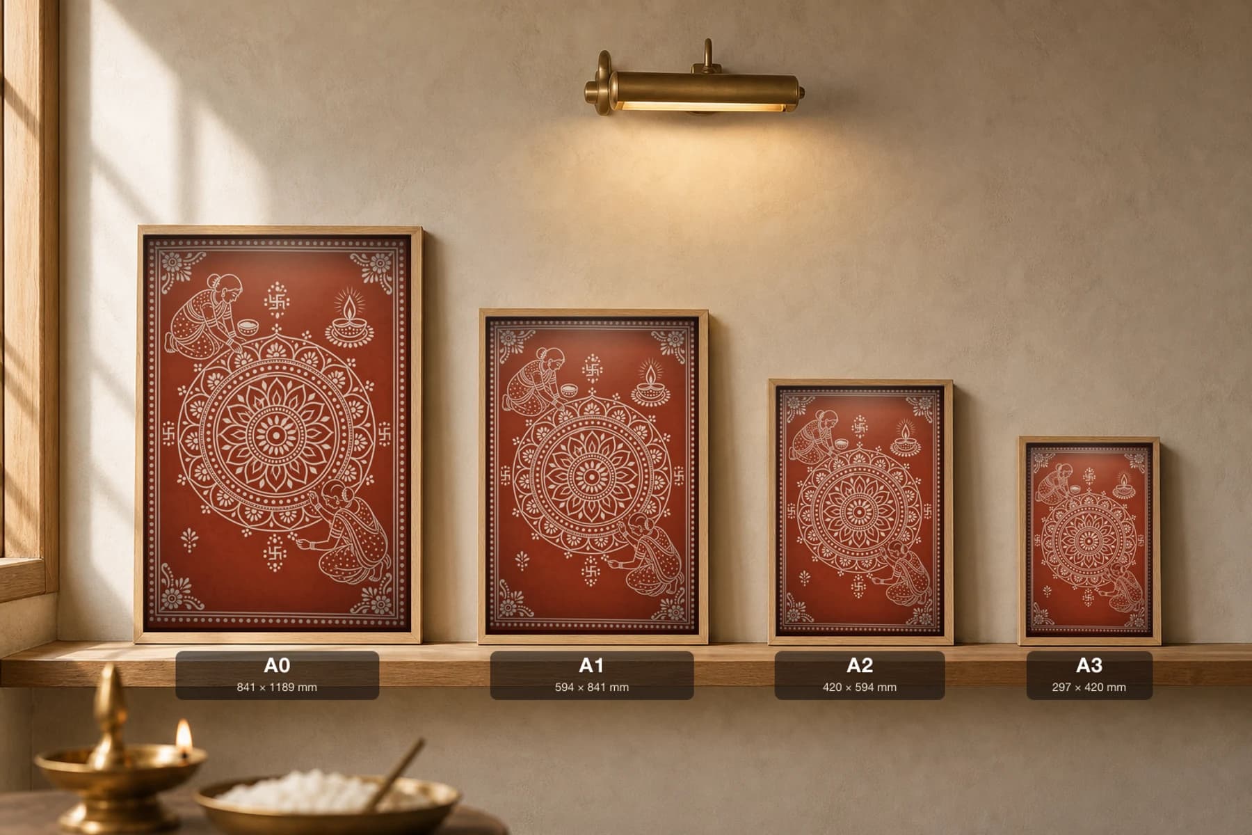 Rangoli Courtyard Aipan-Style Print — Two Women Drawing a Lotus Floor-Mandala by Lamplight · white biswar on geru terracotta · contemporary × Kumaoni Aipan fusion — print size guide showing the artwork at A0, A1, A2 and A3 in natural-oak frames at true relative scale