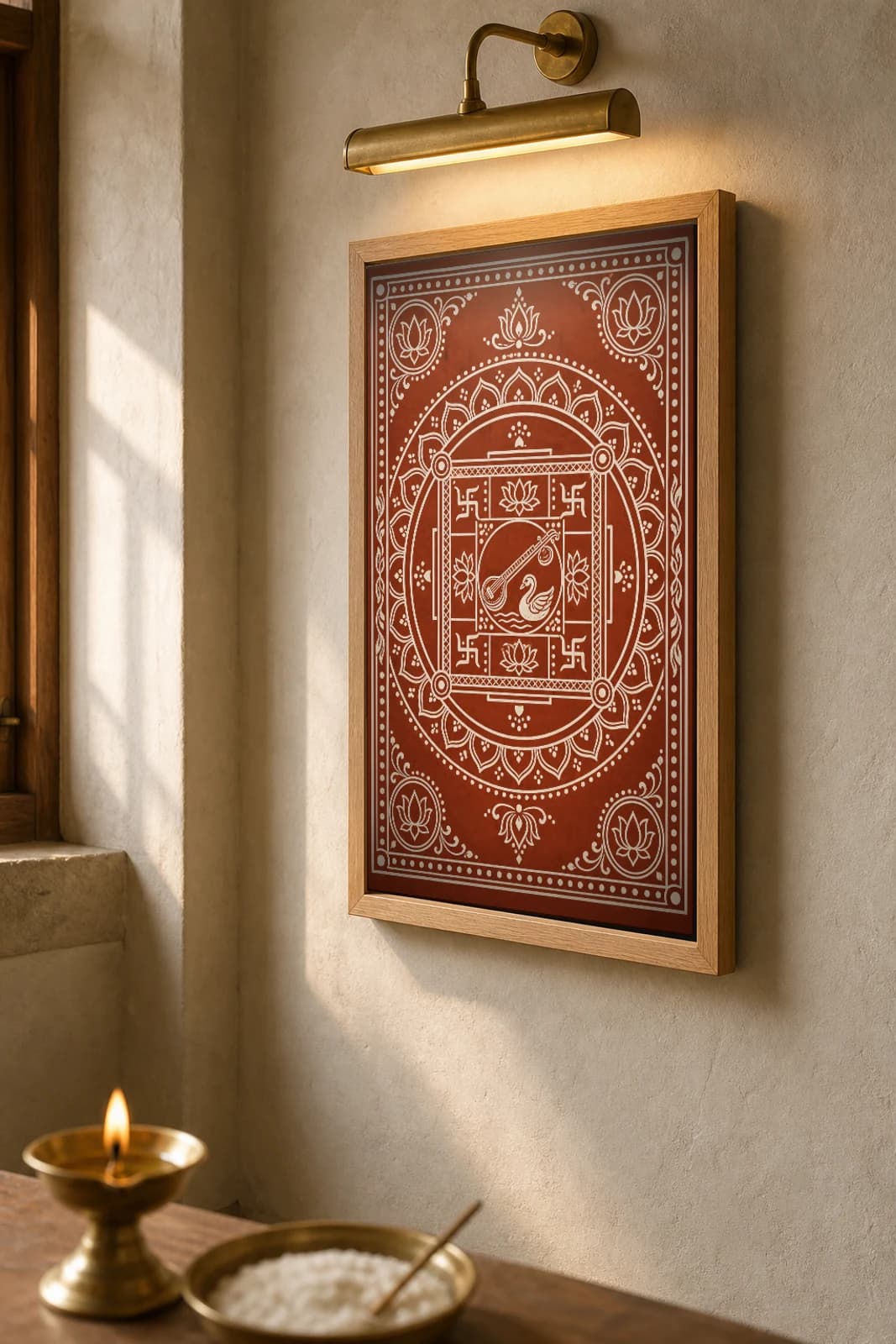 Saraswati Chowki Aipan-Style Print — The Learning-Day Seat with Veena and Swan in a Yantra · two-tone white biswar on geru terracotta · classical Kumaoni Aipan — the framed print shown at a three-quarter angle on a styled gallery wall in a natural-oak frame