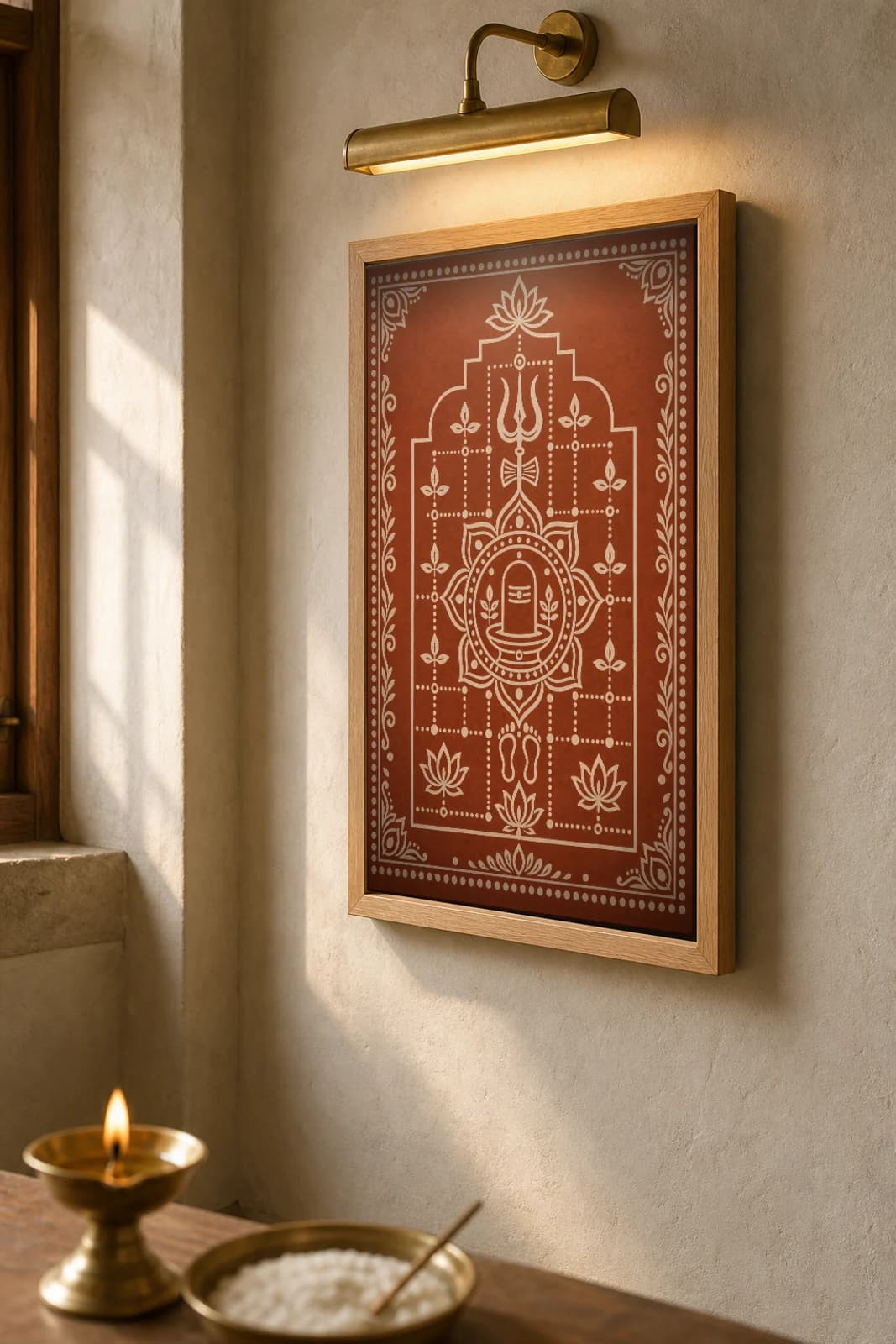 Shivratri Aipan-Style Print — A Mahashivratri Yantra with Shiva-Linga, Trident and Damaru · two-tone white biswar on geru terracotta · classical Kumaoni Aipan — the framed print shown at a three-quarter angle on a styled gallery wall in a natural-oak frame