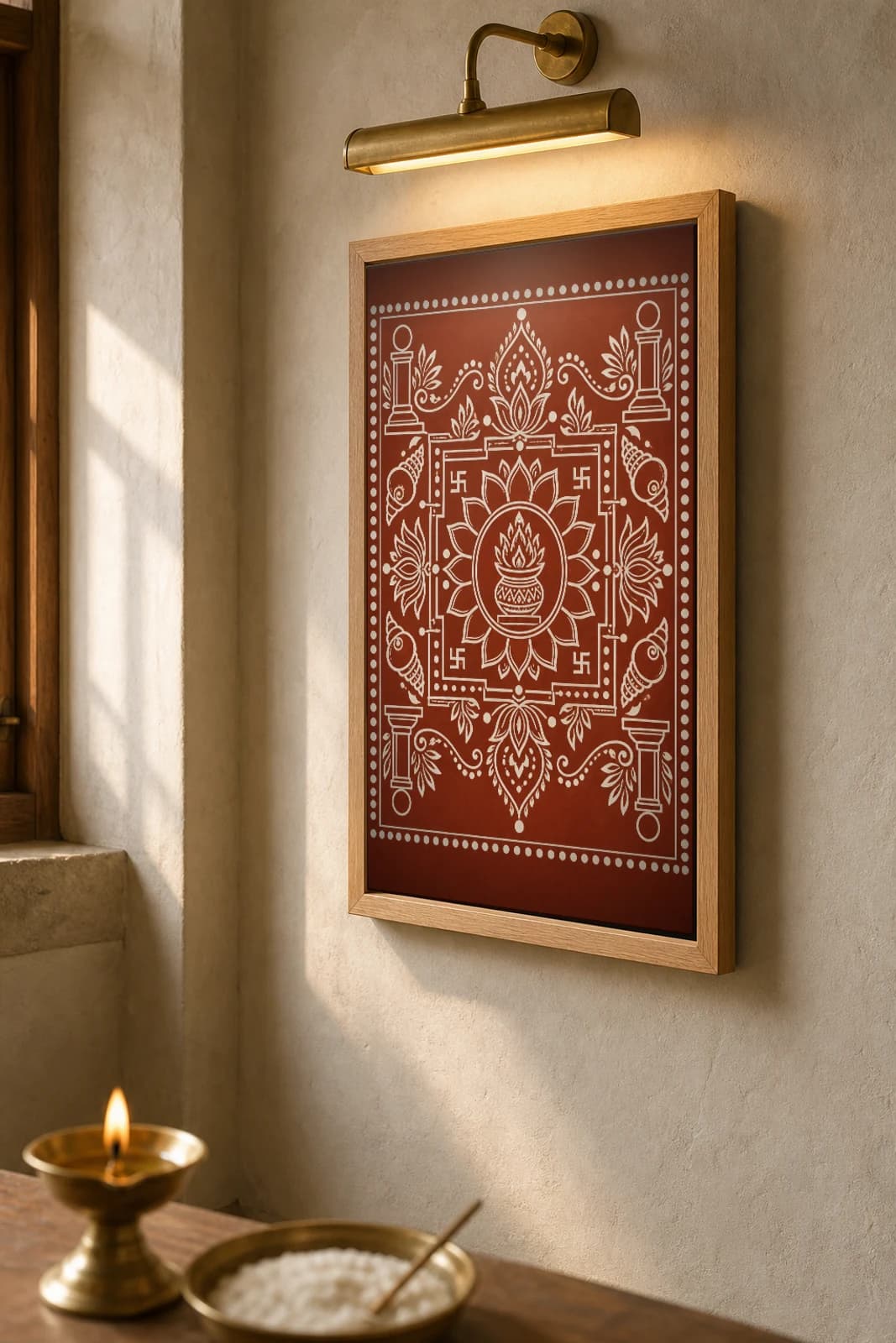 Mandap Floor Aipan-Style Print — A Wedding Canopy Floor with Kalash Yantra and Corner Pillars · two-tone white biswar on geru terracotta · contemporary Kumaoni Aipan fusion — the framed print shown at a three-quarter angle on a styled gallery wall in a natural-oak frame