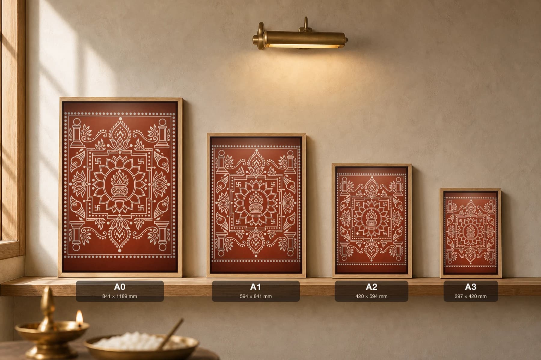 Mandap Floor Aipan-Style Print — A Wedding Canopy Floor with Kalash Yantra and Corner Pillars · two-tone white biswar on geru terracotta · contemporary Kumaoni Aipan fusion — print size guide showing the artwork at A0, A1, A2 and A3 in natural-oak frames at true relative scale