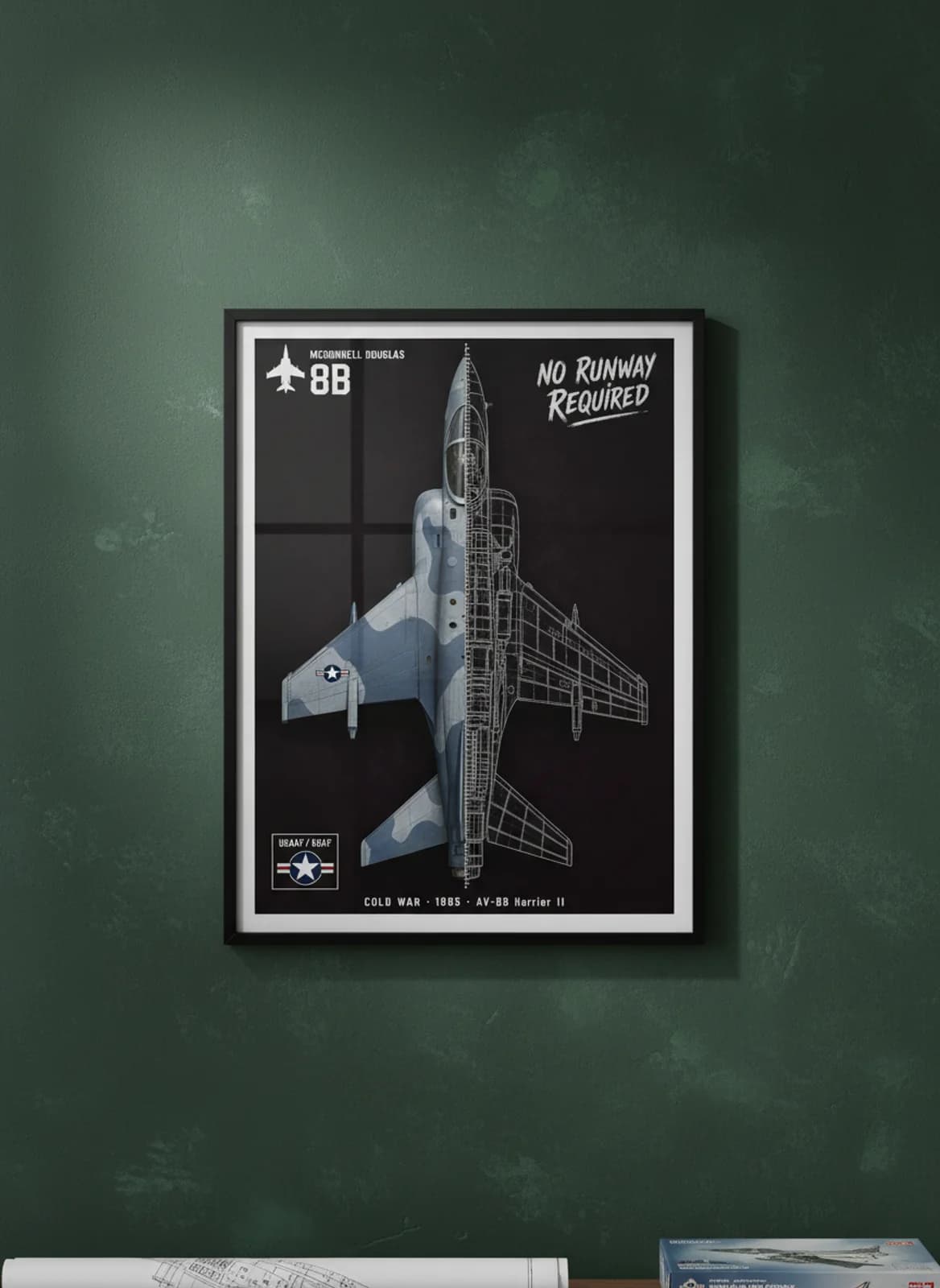 AV-8B Harrier II cutaway poster in black A2 frame on blue-grey-camo deep forest wall — Aircraft Cutaways enthusiast study mockup