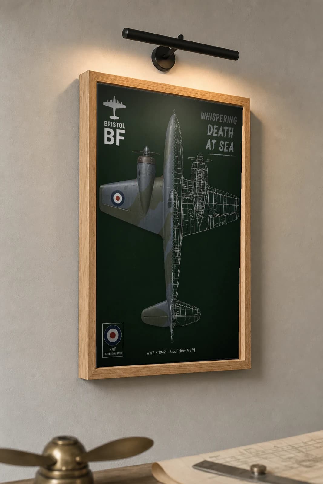 Bristol Beaufighter Cutaway Poster — Mk VI WW2 Split-View Blueprint Print — the framed print shown at a three-quarter angle on a styled gallery wall in a natural-oak frame