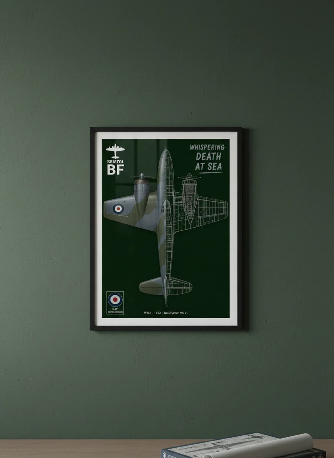 Beaufighter Mk VI — Aircraft Cutaway cutaway poster in black A2 frame on dark-sea-grey deep forest wall — Aircraft Cutaways enthusiast study mockup