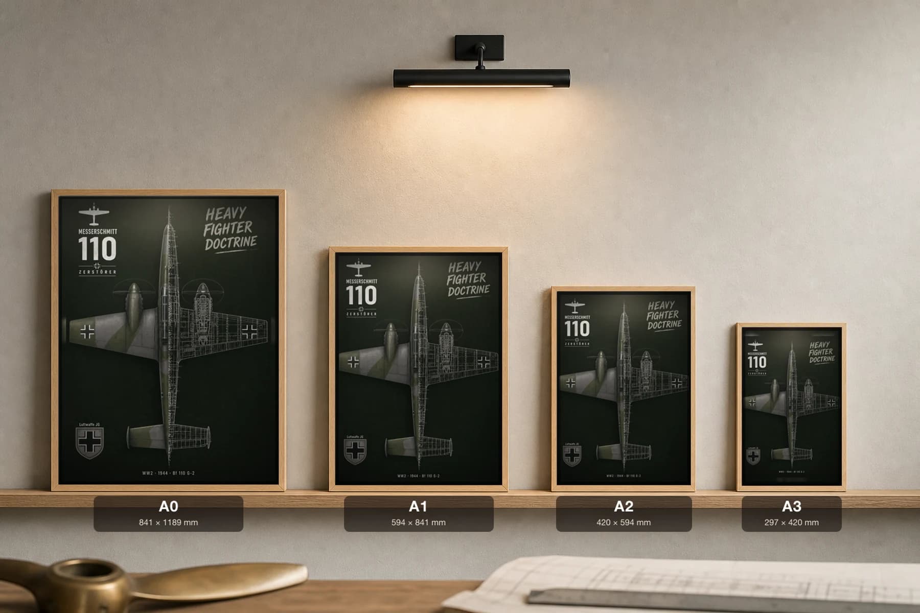 Messerschmitt Bf 110 Cutaway Poster — G-2 WW2 Split-View Blueprint Print — print size guide showing the artwork at A0, A1, A2 and A3 in natural-oak frames at true relative scale
