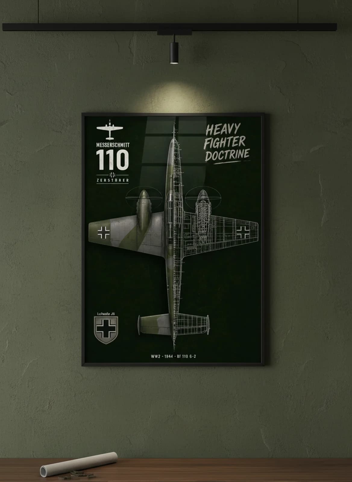 Bf 110 G-2 — Aircraft Cutaway cutaway poster in black A2 frame on luftwaffe-green-camouflage deep forest wall — Aircraft Cutaways enthusiast study mockup