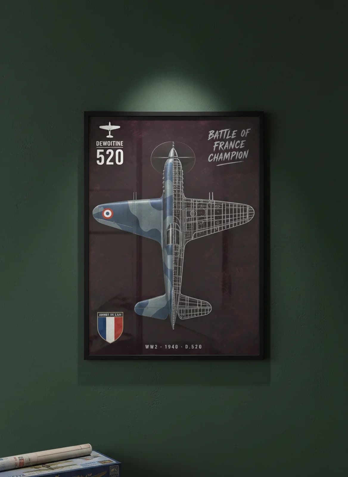 D.520 — Aircraft Cutaway cutaway poster in black A2 frame on french-blue-grey-camouflage deep forest wall — Aircraft Cutaways enthusiast study mockup