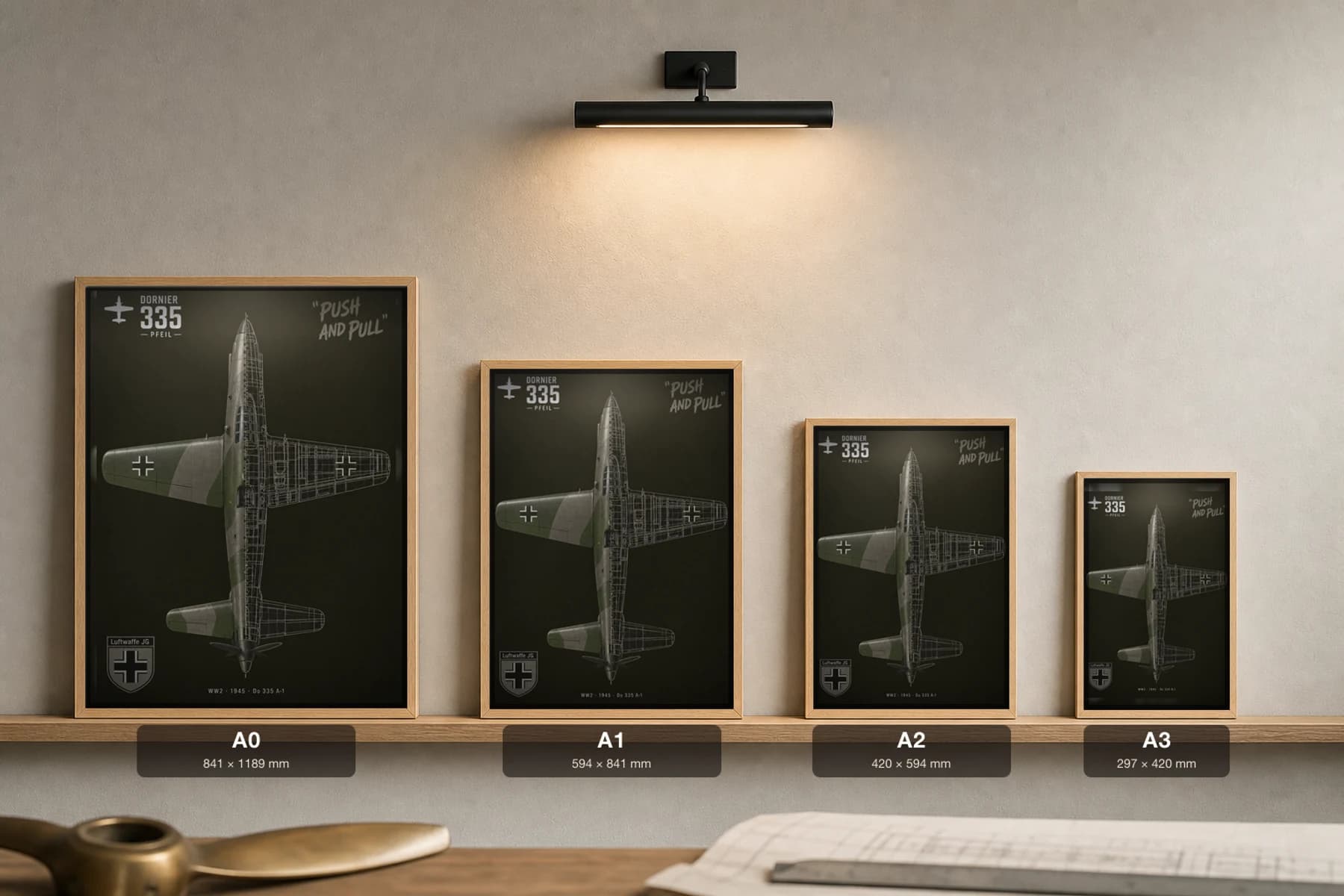Dornier Do 335 Cutaway Poster — Do 335 A-1 Pfeil WW2 Split-View Blueprint Print — print size guide showing the artwork at A0, A1, A2 and A3 in natural-oak frames at true relative scale