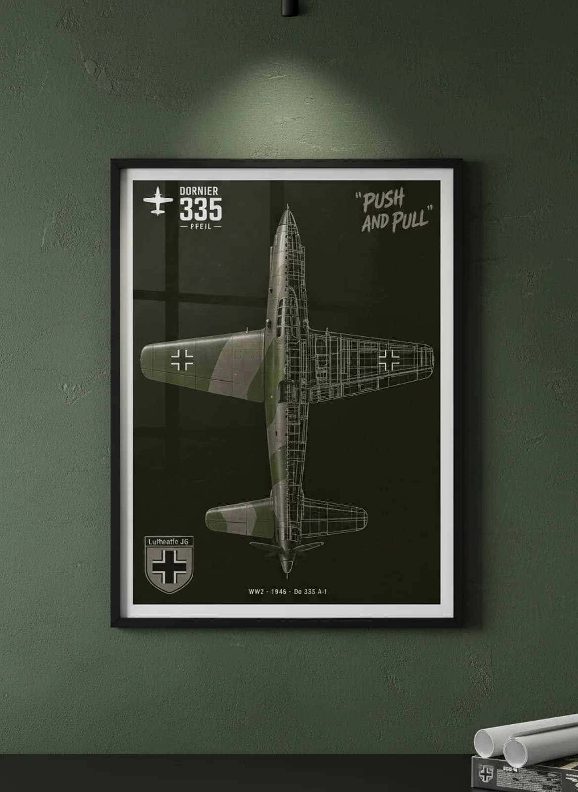 Do 335 A-1 — Aircraft Cutaway cutaway poster in black A2 frame on luftwaffe-green-camouflage deep forest wall — Aircraft Cutaways enthusiast study mockup