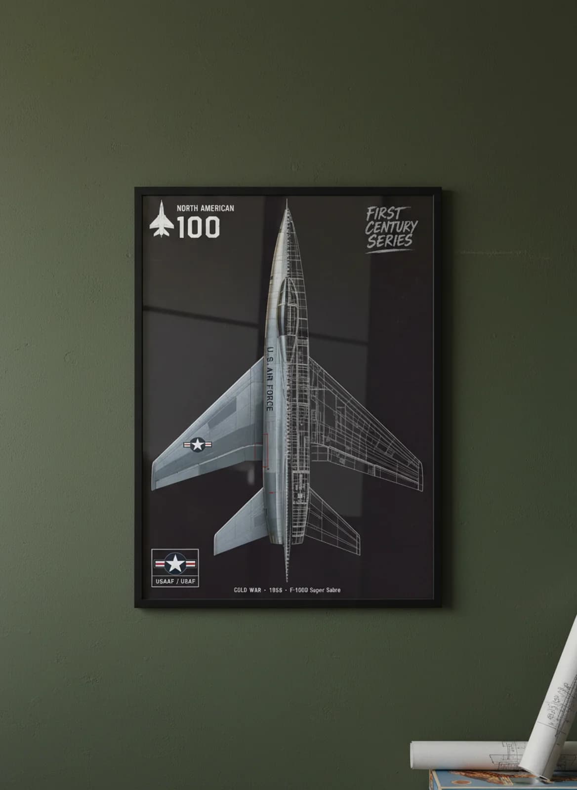 F-100D Super Sabre — Aircraft Cutaway cutaway poster in black A2 frame on natural-metal-silver deep forest wall — Aircraft Cutaways enthusiast study mockup
