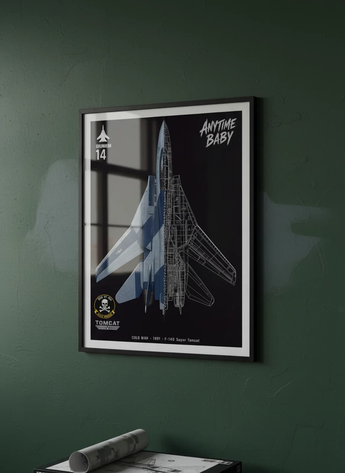F-14D Super Tomcat cutaway poster in black A2 frame on blue-grey-camo deep forest wall — Aircraft Cutaways enthusiast study mockup