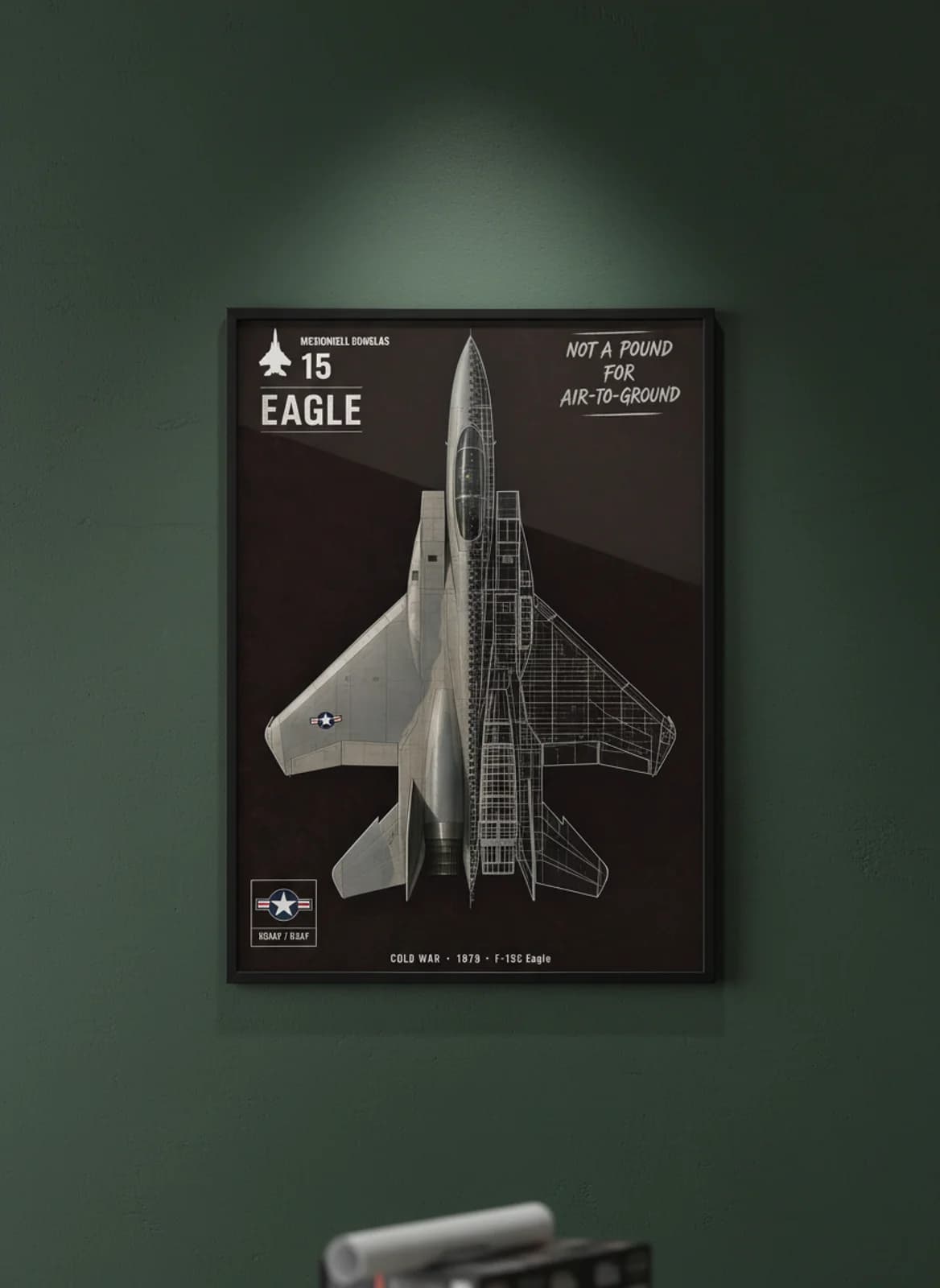 F-15C Eagle — Aircraft Cutaway cutaway poster in black A2 frame on air-superiority-grey deep forest wall — Aircraft Cutaways enthusiast study mockup