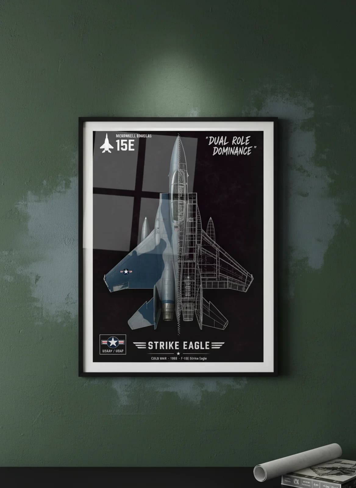 F-15E Strike Eagle — Aircraft Cutaway cutaway poster in black A2 frame on blue-grey-camouflage deep forest wall — Aircraft Cutaways enthusiast study mockup