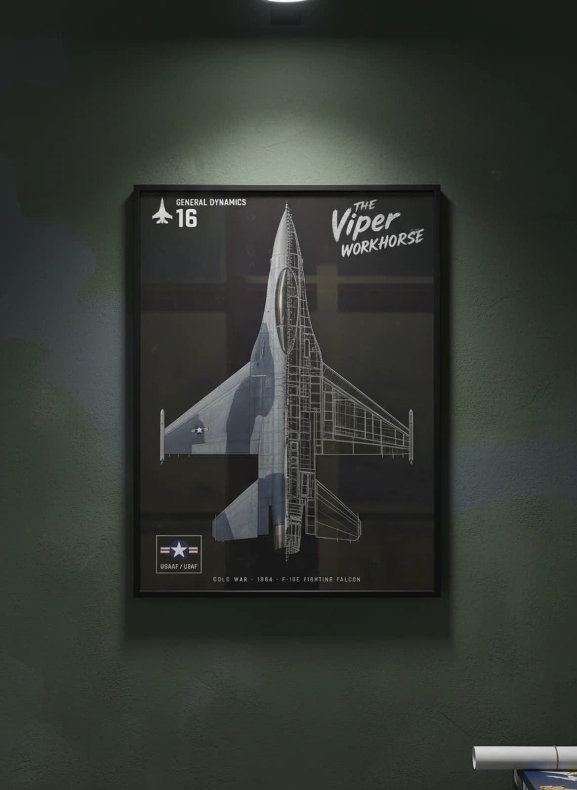 F-16C Fighting Falcon — Aircraft Cutaway cutaway poster in black A2 frame on blue-grey-camouflage deep forest wall — Aircraft Cutaways enthusiast study mockup